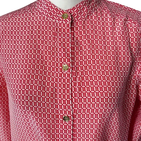 C. Wonder Women's 100% Silk  Pink Geometric Lightweight Button Down Blouse - Picture 2 of 9